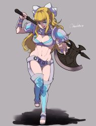 Rule 34 | 1girl, :q, abs, armor, ataka takeru, axe, bad id, bad twitter id, blonde hair, blue eyes, bow, breasts, character name, charlotte (fire emblem), cleavage, fire emblem, fire emblem fates, full body, grey background, hair bow, holding, holding axe, leg up, licking lips, long hair, medium breasts, midriff, navel, nintendo, pauldrons, shoulder armor, simple background, solo, tongue, tongue out, white bow
