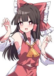 Rule 34 | 1girl, :d, absurdres, ascot, black hair, blunt bangs, bow, bra, bright pupils, cowboy shot, detached sleeves, hair bow, hair tubes, hakurei reimu, highres, looking at viewer, navel, nontraditional miko, open mouth, red bow, red eyes, red shirt, red skirt, ribbon-trimmed sleeves, ribbon trim, shirt, simple background, skirt, smile, solo, standing, touhou, tsukimirin, underwear, white background, white bra, white pupils, wide sleeves, yellow ascot