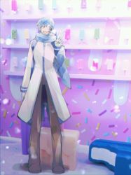 Rule 34 | 1boy, absurdres, binggwaryu, blue hair, blue scarf, blurry, bokeh, brown pants, closed eyes, coat, commentary, depth of field, facing viewer, food, full body, hand up, highres, ice cream, ice cream bar, kaito (vocaloid), male focus, open mouth, oversized food, oversized object, pants, scarf, shelf, smile, solo, sprinkles, standing, symbol-only commentary, v, vocaloid, white coat
