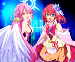 Rule 34 | 10s, 2girls, :d, ;d, angel wings, bare shoulders, blue eyes, breasts, spiked halo, feathered wings, halo, hand on own cheek, hand on own face, jibril (no game no life), large breasts, long hair, looking at viewer, low wings, magic circle, multiple girls, no game no life, one eye closed, open mouth, pink hair, red hair, short hair, smile, snowstar, stephanie dora, white wings, wings, wink