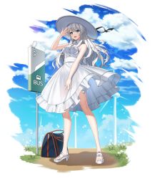Rule 34 | 1girl, absurdres, alpha transparency, alternate costume, bag, bare shoulders, bird, blue eyes, blue sky, braid, bus stop sign, claudia nelson, cloud, counter:side, cross, dress, full body, hat, high heels, highres, knees, long hair, official alternate costume, official art, open mouth, sky, sleeveless, teeth, transparent background, upper teeth only, white hair, windmill