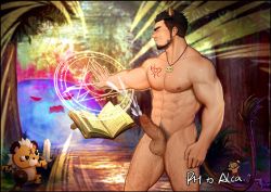 Rule 34 | 1boy, abs, alca (wakatanka4), animal ears, bara, beard, blush, body hair, book, chest tattoo, commission, completely nude, cum, dungeon and fighter, ejaculation, erection, facial hair, fighting stance, flaccid, floating, floating object, grimoire, handsfree ejaculation, large pectorals, lion boy, lion ears, lion tail, magic circle, male focus, male pubic hair, muscular, muscular male, navel, navel hair, nipples, nude, original, pectorals, penis, peterhl, priest, projectile cum, pubic hair, red eyes, short hair, solo, stubble, stuffed toy, tail, tattoo, thick thighs, thighs, uncensored, veins, veiny penis