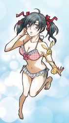 Rule 34 | 1girl, ahoge, alternate costume, azusa1212, barefoot, bikini, breasts, cleavage, collarbone, d.gray-man, earrings, floating hair, frilled bikini, frills, full body, green hair, hair between eyes, hair ribbon, halterneck, hand in own hair, highres, jewelry, lenalee lee, long hair, medium breasts, navel, open mouth, outstretched hand, pink bikini, plaid, plaid bikini, purple eyes, red ribbon, ribbon, side-tie bikini bottom, solo, standing, standing on one leg, swimsuit, thigh gap, timcanpy, twintails
