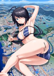 Rule 34 | 1girl, admiral (kancolle), ahoge, arm behind head, armpits, ass, bad id, bad twitter id, bikini, black hair, blue eyes, blue sky, blush, breasts, city, cleavage, collarbone, day, giant, giantess, hair ornament, hair over one eye, hairclip, highres, holding, ichikawa feesu, kako (kancolle), kantai collection, large breasts, long hair, looking at viewer, lying, map, messy hair, mini person, miniboy, mountain, on side, outdoors, parted bangs, partially translated, ponytail, revision, short hair, sidelocks, skindentation, sky, solo, striped bikini, striped clothes, sweatdrop, swimsuit, t-head admiral, translation request
