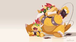 Rule 34 | 2boys, bowser, bowser jr., cellphone, claws, collar, controller, fangs, father and son, furry, furry male, game console, gameplay mechanics, glasses, handheld game console, hans tseng, headset, horns, mario (series), monster boy, multiple boys, nintendo, nintendo switch, phone, playing games, red hair, sitting, smartphone, spiked collar, spikes, wire