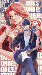 1boy 1girl animal_collar black_hair black_jacket black_nails blue_pants bracelet breasts brown_shirt chain chain_necklace choker clothes_around_waist collar cowboy_shot dress earrings electric_guitar green_eyes guitar hair_between_eyes highres holding holding_guitar holding_instrument holding_phone instrument jacket jewelry kurokawa_karasu leather leather_jacket long_hair medium_breasts multiple_rings nail_polish necklace one_eye_closed original pants parted_bangs parted_lips phone red_dress red_hair ring shirt shirt_around_waist short_hair sleeves_rolled_up sparkle torn_clothes torn_shirt wavy_hair white_shirt