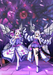 Rule 34 | 2girls, bare shoulders, book, bow, demon girl, dress, drill hair, flower, head wings, highres, holding, horns, hoshi no gen, long hair, multiple girls, no nose, open mouth, original, red eyes, shoes, siblings, silver hair, sisters, standing, demon girl, twin drills, twins, twintails, very long hair, wings