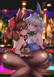 Rule 34 | 2girls, alternate costume, animal ears, blue leotard, blush, bottle, bow, bowtie, braid, breasts, brown hair, cherry, cleavage, cocktail glass, commentary request, cup, detached collar, drinking glass, fake animal ears, fake tail, fishnet pantyhose, fishnets, food, frilled bow, frilled hair tubes, frills, fruit, green bow, green bowtie, grey hair, hair bow, hair tubes, hakurei reimu, highres, holding, holding bottle, holding tray, izayoi sakuya, leotard, long hair, looking at viewer, maid headdress, multiple girls, pantyhose, playboy bunny, ponytail, rabbit ears, rabbit tail, red bow, red eyes, red leotard, strapless, strapless leotard, tail, tanikake yoku, tongue, tongue out, touhou, tray, twin braids
