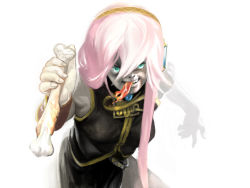 Rule 34 | bad id, bad pixiv id, bone, creepy, food, green eyes, horror (theme), long hair, meat, megurine luka, mouth hold, pink hair, solo, toron, vocaloid, what