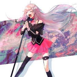 Rule 34 | 1girl, ahoge, asymmetrical legwear, bare shoulders, bearo, black shirt, black socks, blouse, braid, cevio, closed eyes, commentary, feet out of frame, floating hair, highres, holding, holding microphone stand, ia (vocaloid), kneehighs, leaning forward, long hair, microphone, microphone stand, miniskirt, music, off-shoulder shirt, off shoulder, open mouth, pink skirt, platinum blonde hair, pleated skirt, shadow, shirt, side braids, singing, single kneehigh, single sock, single thighhigh, skirt, smile, socks, solo, spaghetti strap, splatter background, standing, thigh strap, thighhighs, very long hair, vocaloid