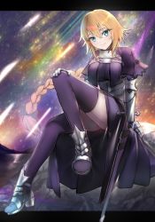 Rule 34 | 1girl, absurdres, bad id, bad twitter id, black bow, blonde hair, blue dress, blue eyes, blue thighhighs, bow, braid, braided ponytail, chain, dress, fate/apocrypha, fate (series), full body, gauntlets, hair between eyes, hair bow, hand on own knee, highres, invisible chair, jeanne d&#039;arc (fate), jeanne d&#039;arc (ruler) (fate), kujuu shikuro, long hair, looking at viewer, low-tied long hair, single braid, sitting, smile, solo, thighhighs, very long hair