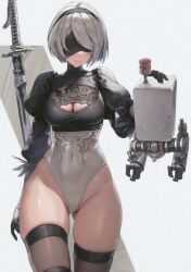 Rule 34 | 1girl, 2b (nier:automata), black blindfold, black hairband, blindfold, breasts, cleavage, covered eyes, enpe, gloves, hairband, highres, large breasts, leotard, mole, mole under mouth, nier:automata, nier (series), pod (nier:automata), puffy sleeves, short hair, solo, thighhighs, thighs, white hair, white leotard
