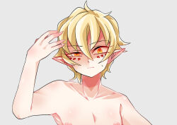Rule 34 | 1boy, bishounen, blonde hair, closed mouth, collarbone, completely nude, constricted pupils, eye tattoo, facial mark, fingernails, hair between eyes, hand up, hannya (onmyoji), haori, japanese clothes, looking at viewer, male focus, moto mitsuashi, nipples, nude, onmyoji, orange eyes, pointy ears, shaded face, sharp fingernails, short hair, sidelocks, simple background, slit pupils, solo, sweatdrop, tagme, tattoo, tattoo on face, tattoo under eye, trap, uneven eyes, upper body, white background