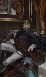 Rule 34 | 1boy, bayonet, blonde hair, boots, cape, danart14020, diego brando, dinosaur, gloves, gun, hat, highres, horse, indoors, jojo no kimyou na bouken, long hair, long sleeves, male focus, military, military hat, military uniform, official alternate costume, parted lips, realistic, scary monsters (stand), silver bullet (jojo), stairs, stand (jojo), steel ball run, uniform, weapon