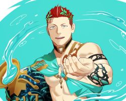 Rule 34 | 1boy, ancient greek clothes, bara, burn scar, greco-roman clothes, holding, holding vase, itto (mentaiko), large pectorals, laurel crown, live a hero, male focus, muscular, muscular male, official alternate costume, open mouth, pectorals, rakta (live a hero), red hair, scar, scar on face, scar on forehead, short hair, smile, solo, upper body, vase, water