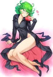 Rule 34 | 1girl, arm support, bare legs, black dress, black footwear, box, breasts, collarbone, collared dress, covered navel, curly hair, curvy, dress, green eyes, green hair, hair between eyes, hand up, happy valentine, heart-shaped box, highres, holding, holding box, long sleeves, looking at viewer, mogudan, no panties, one-punch man, parted lips, pelvic curtain, shiny skin, sleeves past wrists, solo, tatsumaki, thighs, valentine, white background, wing collar