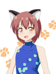 Rule 34 | 1girl, :d, animal ears, bare shoulders, blue dress, brown eyes, brown hair, cat ears, cato (monocatienus), chen, dress, fang, floral print, gold trim, looking at viewer, no headwear, no headwear, open mouth, paw print, paw print background, short hair, simple background, skin fang, smile, solo, touhou, upper body, white background