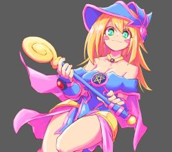 Rule 34 | 1girl, bad id, bad twitter id, bare shoulders, black background, blonde hair, blue dress, blue gloves, blue hat, blush stickers, breasts, cleavage, closed mouth, commentary, dark magician girl, dress, duel monster, fingerless gloves, gloves, green eyes, hat, highres, holding, holding wand, jewelry, long hair, looking at viewer, medium breasts, nakatomo108, neck ring, off-shoulder dress, off shoulder, pentacle, short dress, simple background, smile, solo, standing, standing on one leg, wand, wizard hat, yu-gi-oh!, yu-gi-oh! duel monsters