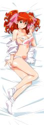 Rule 34 | 1girl, absurdres, areola slip, asahina yurina, bed sheet, blush, breasts, full body, green eyes, hair ribbon, highres, large breasts, long hair, looking at viewer, lying, navel, non-web source, off shoulder, official art, on side, red hair, ribbon, shiny skin, smile, solo, strap slip, super real mahjong, tanaka ryou, twintails, underwear, underwear only