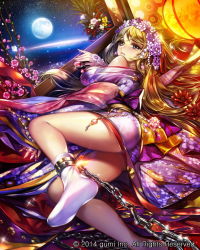Rule 34 | 1girl, ass, blonde hair, blue eyes, chain, closed mouth, cuffs, earrings, eu (euspia), flower, hair flower, hair ornament, japanese clothes, jewelry, kimono, looking at viewer, maboroshi juuhime, moon, shackles, sky, solo, star (sky), starry sky, white legwear