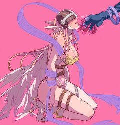 Rule 34 | 2girls, angel, angel girl, angel wings, angewomon, ass, curvy, digimon, digimon (creature), full body, head wings, highres, ladydevimon, long hair, looking at another, mask, multiple girls, pink background, pubic tattoo, tattoo, very long hair, wide hips, wings