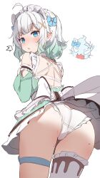 1girl ass ass_cutout blue_eyes bow butt_crack clothing_cutout dress frilled_dress frills from_behind green_dress grey_hair hair_bow hair_ornament heart_cutout highres indie_virtual_youtuber looking_at_viewer looking_back maid_headdress medium_hair mint_fantome mole mole_on_thigh multicolored_hair orobou panties short_dress simple_background single_thighhigh solo thigh_strap thighhighs two-tone_hair underwear virtual_youtuber white_background white_hair white_panties white_thighhighs x_hair_ornament