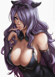 Rule 34 | 1girl, black dress, breasts, bridal gauntlets, camilla (fire emblem), cleavage, dandon fuga, detached sleeves, dress, finger to mouth, fire emblem, fire emblem fates, hair over one eye, large breasts, lips, long hair, looking at viewer, nintendo, parted lips, purple eyes, purple hair, seductive smile, sideboob, smile, solo, tiara, upper body, very long hair, wavy hair