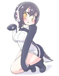 Rule 34 | 1girl, black footwear, black hair, black sweater, blush, boots, dress, hair between eyes, headphones, highres, humboldt penguin (kemono friends), kemono friends, long sleeves, mittens, multicolored hair, penguin girl, penguin tail, pink hair, short hair, sidelocks, solo, squatting, streaked hair, sweater, sweater dress, tail, turtleneck, two-tone sweater, uho (uhoyoshi-o), white sweater, yellow eyes