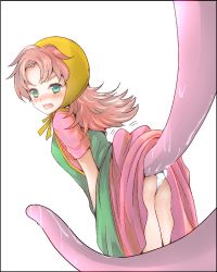 Rule 34 | 1girl, blush, breasts, clothes lift, commentary request, curly hair, dragon quest, dragon quest vii, dress, dress lift, green eyes, hat, highres, hood, long hair, maribel (dq7), medium breasts, open mouth, panties, red hair, simple background, solo, tentacles, underwear, wedgie, white background, white panties