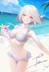 Rule 34 | 1girl, absurdres, bare arms, bare shoulders, beach, bikini, blue sky, breasts, cleavage, cloud, cloudy sky, commentary request, day, flower, frills, grey bikini, grey hair, grin, hair between eyes, hair ornament, half-closed eyes, highres, holding, large breasts, looking at viewer, medium breasts, nacchan (ohisashiburi), navel, ocean, ohisashiburi, original, outdoors, palm tree, purple flower, seashell, shell, short hair, sky, smile, solo, starfish hair ornament, swimsuit, tree, upper body, white flower, white frills