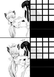 Rule 34 | 2girls, 4koma, absurdres, angry, arm grab, arms behind back, blush, comic, ddok, doggystyle, fujiwara no mokou, futa with female, futanari, grabbing, grabbing from behind, highres, houraisan kaguya, long hair, monochrome, multiple girls, one eye closed, open mouth, ponytail, sex, sex from behind, simple background, touhou, white background