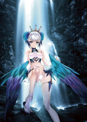 Rule 34 | 1girl, arm support, bare legs, bare shoulders, blunt bangs, breasts, bridal legwear, choco (chocolate shop), commentary request, crown, dagger, feet, flip-flops, foot out of frame, gluteal fold, gwendolyn (odin sphere), highres, jewelry, knife, light particles, looking at viewer, low wings, medium breasts, midriff, navel, odin sphere, outdoors, panties, parted lips, partially visible vulva, photoshop (medium), purple eyes, sandals, short hair, sitting, solo, string panties, thighlet, toe ring, toes, underwear, water, waterfall, weapon, white hair, white panties, wings