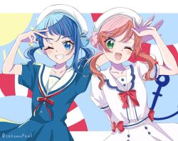 Rule 34 | 2girls, ;d, blue dress, blue eyes, blue hair, blush, bow, commentary request, dress, eyelashes, green eyes, happy, highres, hirogaru sky! precure, long hair, looking at viewer, low twintails, md5 mismatch, multiple girls, nijigaoka mashiro, one eye closed, open mouth, pink hair, precure, ribbon, sailor dress, sakumupre5, smile, sora harewataru, standing, twintails, twitter username, white dress