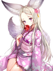 Rule 34 | 1girl, animal ears, blade &amp; soul, blush, candy apple, character request, floral print, flower, food, forehead, fox ears, fox tail, hair flower, hair ornament, head tilt, highres, holding, holding food, japanese clothes, kimono, long hair, long sleeves, looking at viewer, mole, parted bangs, pink flower, pink kimono, print kimono, purple eyes, sidelocks, silver hair, simple background, slit pupils, solo, tail, tena, very long hair, white background, wide sleeves