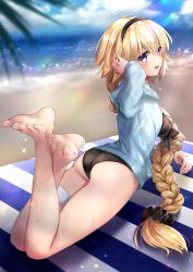 Rule 34 | 1girl, absurdres, arched back, ass, bad id, bad pixiv id, barefoot, beach, bikini, bikini under clothes, black bikini, black hairband, black scrunchie, blonde hair, blue eyes, blue hoodie, blurry, blush, bokeh, bow, bow bikini, braid, caustics, cloud, day, depth of field, fate/grand order, fate (series), feet, from side, full body, hair between eyes, hair ornament, hair scrunchie, hairband, hand on own head, hane yuki, highres, hood, hoodie, jeanne d&#039;arc (fate), jeanne d&#039;arc (ruler) (fate), jeanne d&#039;arc (swimsuit archer) (fate), jeanne d&#039;arc (swimsuit archer) (first ascension) (fate), legs together, long hair, looking at viewer, lying, on stomach, scrunchie, single braid, sky, smile, soles, solo, sparkle, sweat, swimsuit, the pose, thigh strap, thighs, toes, towel, very long hair