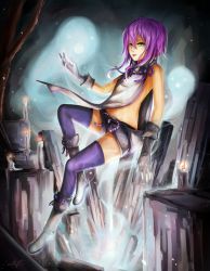 Rule 34 | 1girl, aionlights, boots, borrowed character, candle, female focus, floating, full body, ghost, gloves, green eyes, isabelle (acerailgun), navel, original, purple hair, short shorts, shorts, signature, solo, thighhighs, tongue, tongue out, watermark, web address