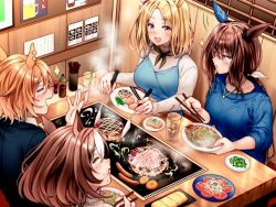 Rule 34 | 4girls, admire vega (umamusume), animal ears, blonde hair, blush, breasts, brown hair, casual, chopsticks, closed eyes, closed mouth, commentary request, food, hair between eyes, hair ornament, horse ears, horse girl, jewelry, large breasts, meisho doto (umamusume), multiple girls, narita top road (umamusume), necklace, open mouth, plate, ponytail, red hayao, sitting, t.m. opera o (umamusume), table, umamusume