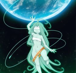 Rule 34 | 1girl, absurdly long hair, ahoge, arm up, artist name, bare shoulders, barefoot, belt, blindfold, bottomless, breasts, clothes writing, collarbone, colored skin, covered eyes, earth (planet), english text, female focus, giant, giantess, gluteal fold, green hair, green outline, green skin, groin, highres, holding, holding planet, huge ahoge, kionant, leg up, long hair, medium breasts, navel, original, outline, parted lips, planet, sarashi, sidelocks, signature, solo, space, standing, standing on one leg, stomach, teeth, underboob, very long hair