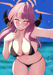 Rule 34 | 1girl, ahoge, aru (blue archive), bikini, black bikini, blue archive, blue sky, blunt bangs, blush, breasts, cleavage, closed eyes, cocoablue23, collarbone, gluteal fold, grin, halo, hand on own chest, highres, horns, large breasts, leaning forward, long hair, navel, ocean, skindentation, sky, smile, solo, stomach, swimsuit, teeth, thigh gap