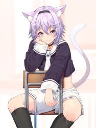 Rule 34 | 1girl, ahoge, animal ear fluff, animal ears, beige background, black collar, black hairband, black socks, blue eyes, blush, cat ears, cat girl, cat tail, chair, collar, commentary request, hair between eyes, hairband, highres, hololive, kneehighs, long sleeves, looking at viewer, mikan (chipstar182), nekomata okayu, nekomata okayu (casual), on chair, parted lips, purple eyes, purple hair, school chair, simple background, sitting, smile, socks, solo, tail, thighhighs, virtual youtuber