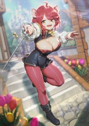 Rule 34 | 1girl, animal ears, blurry, blurry background, blurry foreground, boots, breasts, cleavage, cleavage cutout, clothing cutout, commission, flower, highres, holding, holding sword, holding weapon, kionaoki, large breasts, leggings, looking at viewer, medium hair, mouse ears, mouse tail, omochi hatsunagi, open mouth, outdoors, red hair, red leggings, saber (weapon), skycolor project, solo, sword, tail, virtual youtuber, weapon, yellow eyes