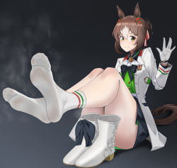 Rule 34 | 1girl, absurdres, animal ears, barefoot, black skirt, blouse, blush, brown hair, chinese commentary, closed mouth, commentary request, commission, convenient censoring, feet, feet up, fine motion (umamusume), foot focus, foreshortening, gloves, gradient background, green shirt, grey background, hair between eyes, hair ornament, highres, horse ears, horse girl, horse tail, jacket, legs, looking at viewer, medium hair, multicolored hair, no shoes, pixiv commission, shirt, shoes, unworn shoes, sidelocks, skirt, smell, smile, socks, soles, solo, streaked hair, tail, thighs, toes, tsa, umamusume, waving, white gloves, white hair, white jacket, yellow eyes