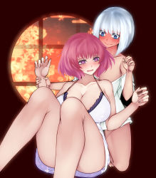 Rule 34 | 2girls, @ @, aoshima, bare legs, barefoot, blue eyes, blush, breasts, cleavage, collarbone, commentary request, embarrassed, full-face blush, highres, holding another&#039;s wrist, kneeling, konpaku youmu, large breasts, multiple girls, naked shirt, nightgown, off shoulder, pink hair, saigyouji yuyuko, shirt, short hair, sitting, sweatdrop, thick thighs, thighs, touhou, white hair, yuri