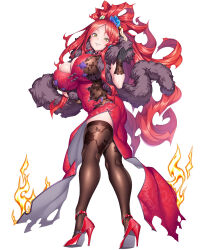 Rule 34 | 1girl, alternate hairstyle, ass, astaroth (taimanin asagi), breasts, dress, fire, full body, fur trim, gloves, high heels, highres, huge breasts, lilith-soft, long hair, naughty face, nipples, official art, pantyhose, ponytail, potion (moudamepo), red dress, red hair, sharp teeth, simple background, solo, taimanin (series), taimanin rpgx, teeth, yellow eyes