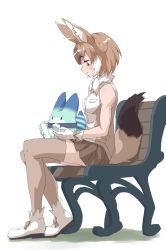 Rule 34 | 1girl, animal ear fluff, animal ears, bare arms, bench, boots, commentary, dhole (kemono friends), extra ears, from side, full body, gloves, grey thighhighs, highres, kemono friends, light brown hair, looking down, lucky beast (kemono friends), multicolored hair, pleated skirt, profile, shirt, short hair, simple background, sitting, skirt, sleeveless, sleeveless shirt, smile, tail, tanabe (fueisei), thighhighs, two-tone hair, white footwear, white gloves, white hair