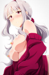 Rule 34 | 1girl, arched back, bare shoulders, blunt bangs, blush, breasts, breasts out, chromatic aberration, hairband, highres, idolmaster, idolmaster (classic), large breasts, long hair, looking at viewer, nipples, no bra, off shoulder, parted lips, pasties, pink eyes, ponytail, puffy nipples, red-framed eyewear, red sweater, scrunchie, semi-rimless eyewear, shijou takane, silver hair, simple background, solo, sweat, sweater, tengu (tetuo kun), white background