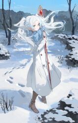 Rule 34 | 1girl, artist name, bare tree, blue scarf, blue sky, boots, closed mouth, coat, day, elf, floating hair, footprints, frieren, full body, fur trim, hashtag-only commentary, highres, holding, jacket, long hair, long sleeves, mage staff, mountain, nature, outdoors, parted bangs, pointy ears, rock, scarf, short eyebrows, sky, snow, snowcake47, snowflakes, snowing, solo, sousou no frieren, standing, thick eyebrows, tree, twintails, very long hair, white coat, white hair, winter, winter clothes, winter coat