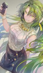 Rule 34 | 1girl, absurdres, arm up, black skirt, breasts, buttons, commentary request, green eyes, green hair, grin, hair ribbon, hand up, highres, higurashi no naku koro ni, holding, holding weapon, kyusoukyu, large breasts, long hair, looking at viewer, ribbed sweater, ribbon, simple background, skirt, sleeveless, sleeveless sweater, sleeveless turtleneck, slit pupils, smile, solo, sonozaki shion, spoilers, stun gun, sweater, tsurime, turtleneck, turtleneck sweater, v-shaped eyebrows, very long hair, weapon, white sweater, white wristband, wristband, yellow ribbon