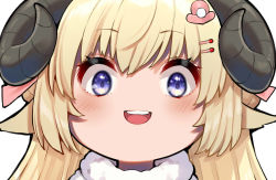 Rule 34 | 1girl, :d, blonde hair, blush, curled horns, hair ornament, hairclip, highres, hololive, horns, looking at viewer, mikan (chipstar182), open mouth, portrait, purple eyes, sheep horns, simple background, smile, solo, teeth, tsunomaki watame, tsunomaki watame (1st costume), upper teeth only, virtual youtuber, white background, wide-eyed