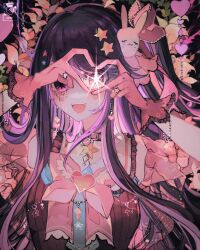 Rule 34 | 1girl, double finger heart, dress, finger heart, frilled dress, frills, gloves, hair ornament, heart, highres, hoshino ai (oshi no ko), ichigowarano, idol, jewelry, long hair, looking at viewer, open mouth, oshi no ko, pink dress, purple eyes, purple hair, rabbit hair ornament, side ponytail, solo, star-shaped pupils, star (symbol), star hair ornament, star in eye, symbol-shaped pupils, symbol in eye